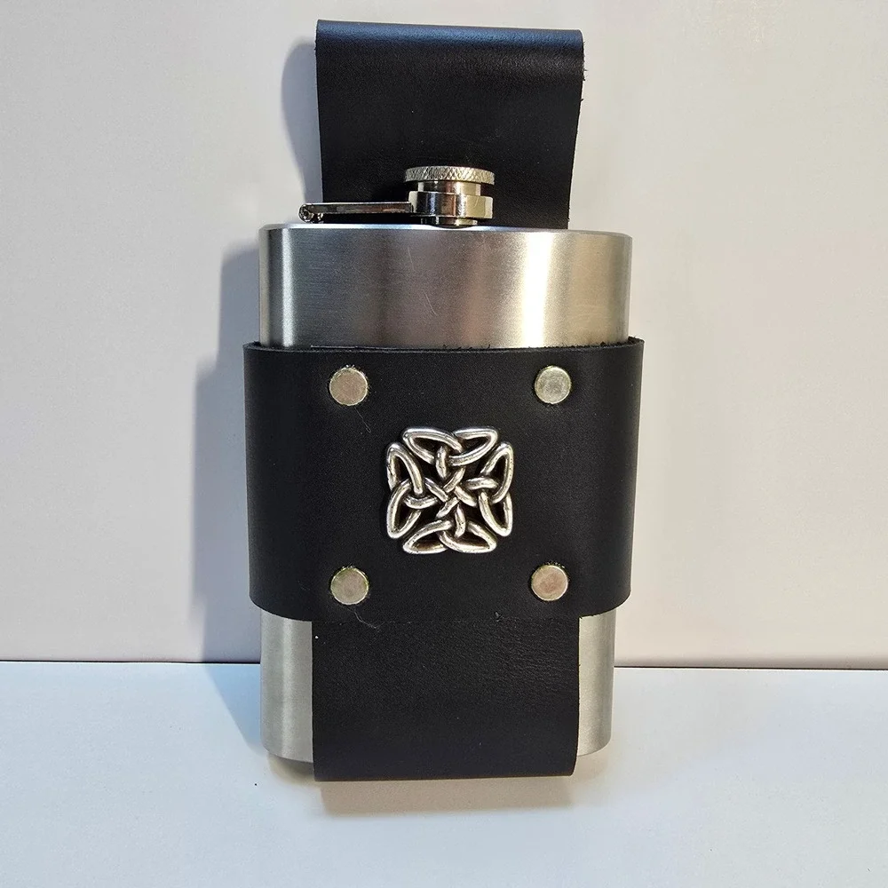 Celtic Leather Flask Holder Belt Pouch w/ 8oz Stainless Steel Flask Set RenFaire
